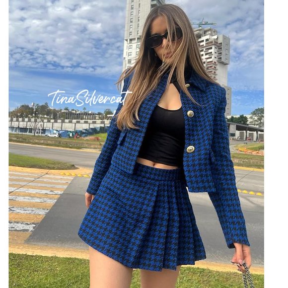BLOGGER'S FAVE! Zara 2 Piece Co-ord Houndstooth Blazer And Skort Set Blue NWT